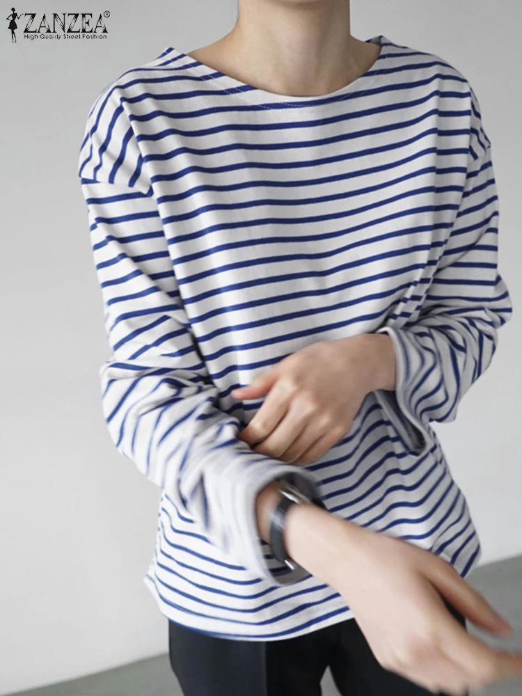 

Модель 2024 года, модные женские блузки ZANZEA для отдыха, Женская свободная туника с круглым вырезом, блузки, рабочая рубашка, Женская Повседневная полосатая блузка с длинным рукавом