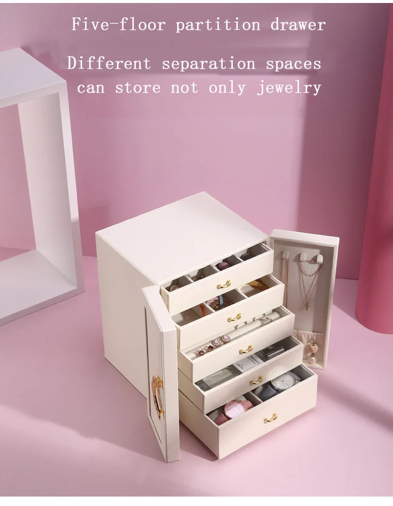 Multi-Layer Desktop Home Leather Drawer Large Capacity Earrings Necklace Jewelry Storage Box