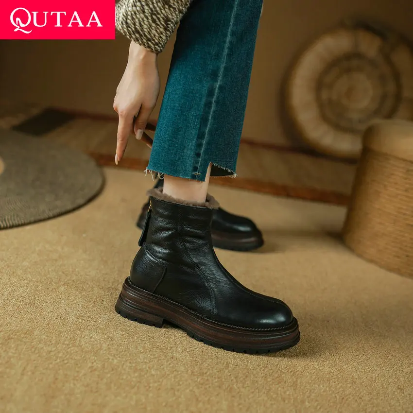

QUTAA/2024 г. Теплые женские ботильоны повседневные, на среднем каблуке обувь из натуральной кожи на молнии с круглым носком женские зимние ботинки размер 34-39