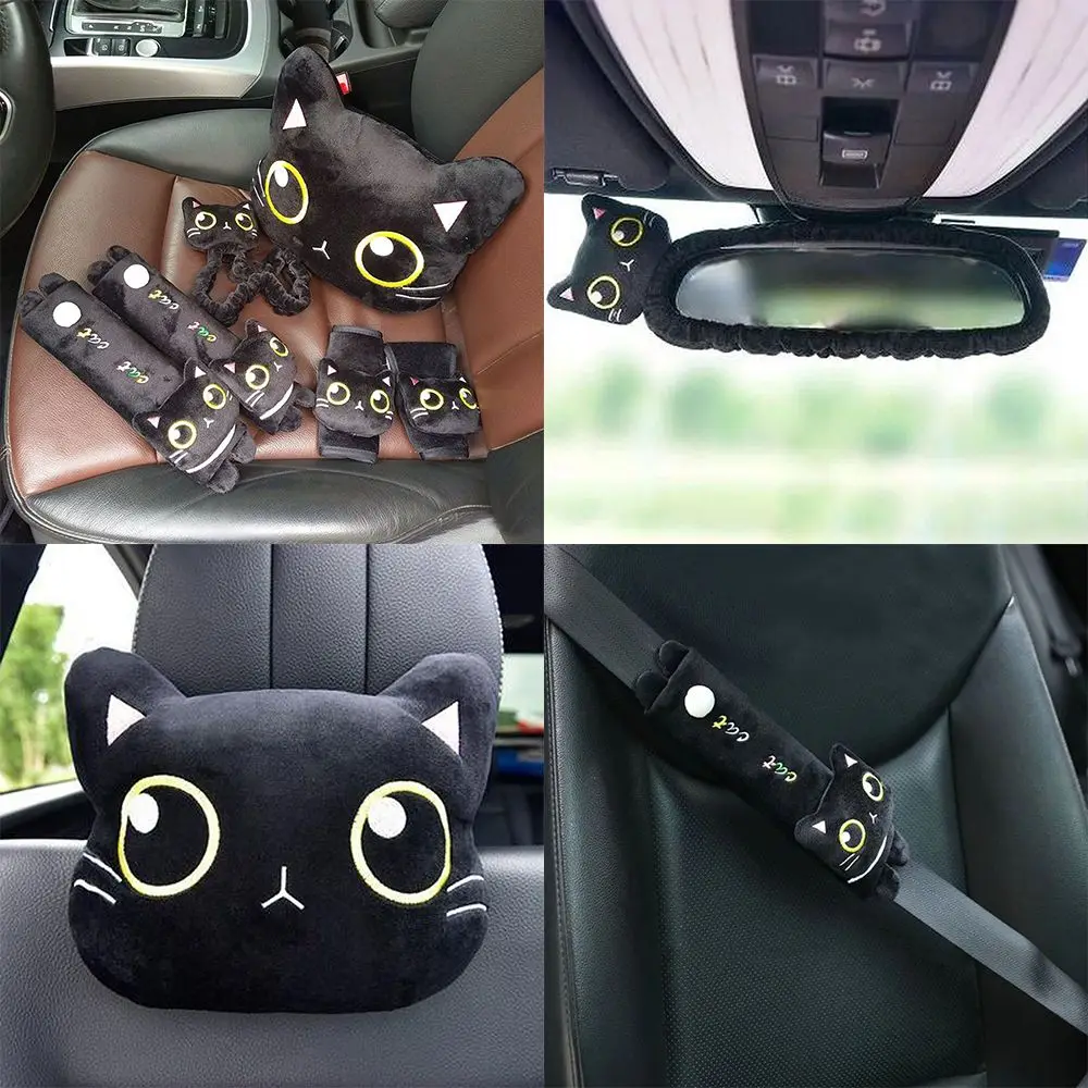 Cute Cat Car Neck Pillow Cartoon Cat Head Car Headrest Travel Cushion Cat Seatbelt Shoulder Pads Covers Rearview Mirror Cover