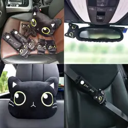 Cute Cat Car Neck Pillow Cartoon Cat Head Car Headrest Travel Cushion Cat Seatbelt Shoulder Pads Covers Rearview Mirror Cover