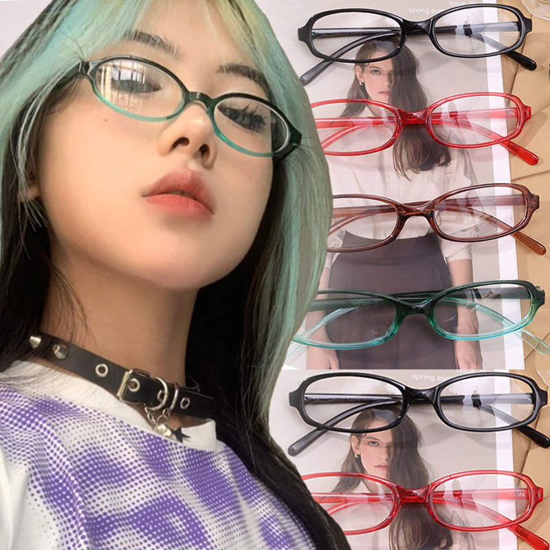 Y2K Retro Oval Square Glasses Red Green Frame Glass Eyewear Decorative Computer Anti-blue Women Eyeglasses with Seaside Driving