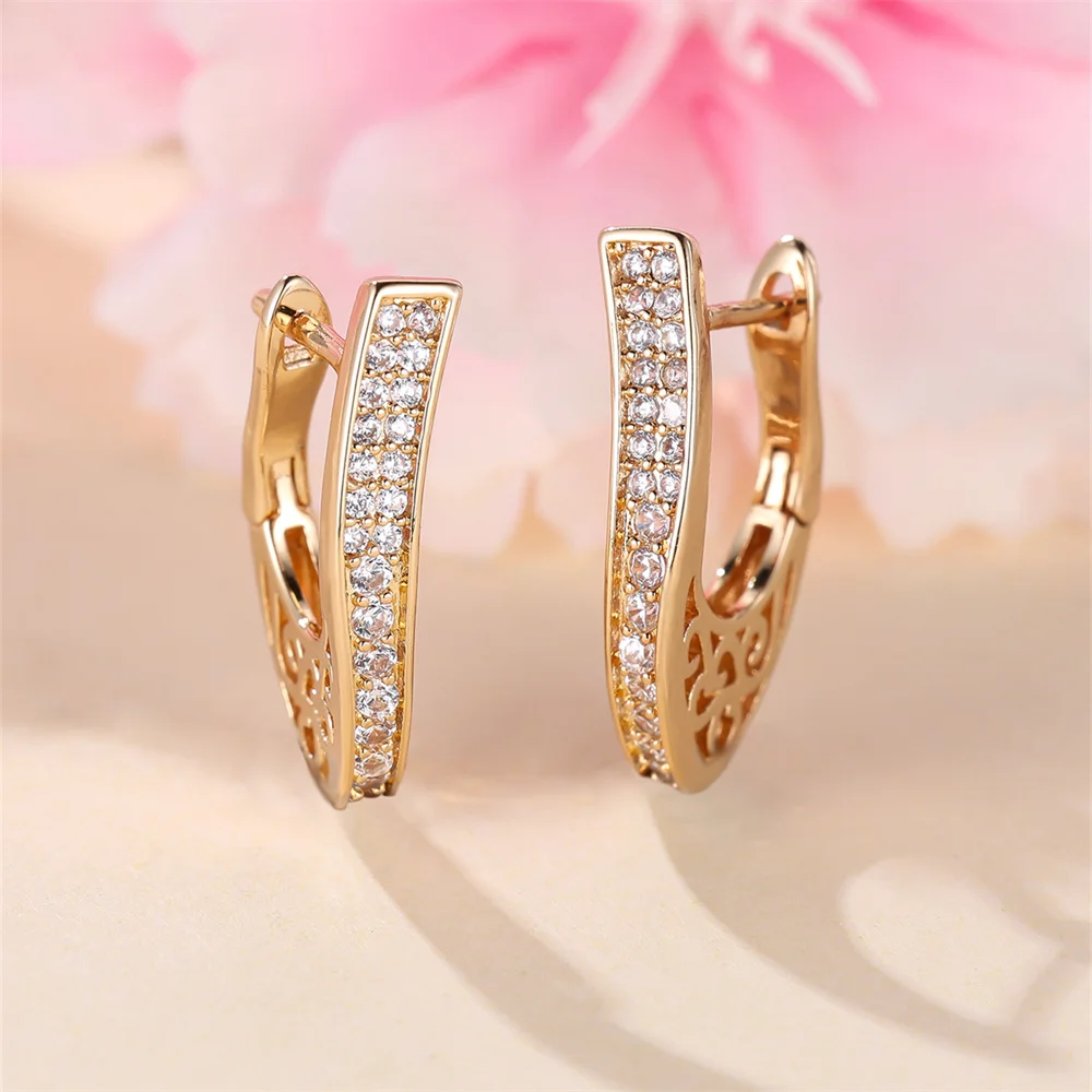 Geometric Hollow White Zircon Small Hoop Earrings For Women Vintage Gold Color Ear Buckle Wedding Jewelry Engagement Party Gift