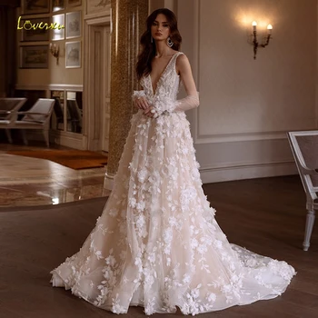 Loverxu A-Line Glamorous Wedding Dresses V-Neck Sleeveless Vestido De Novia Appliques 3D Flowers Sexy Custom Made Bridal Gown 1