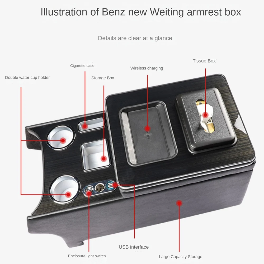 Auto Armlehne Box Für Mercedes-Benz Vito W639 2016-2020 Auto Armlehne Box  Row Front Reling Box Set Zentrale Steuerung LED Licht Inhalt