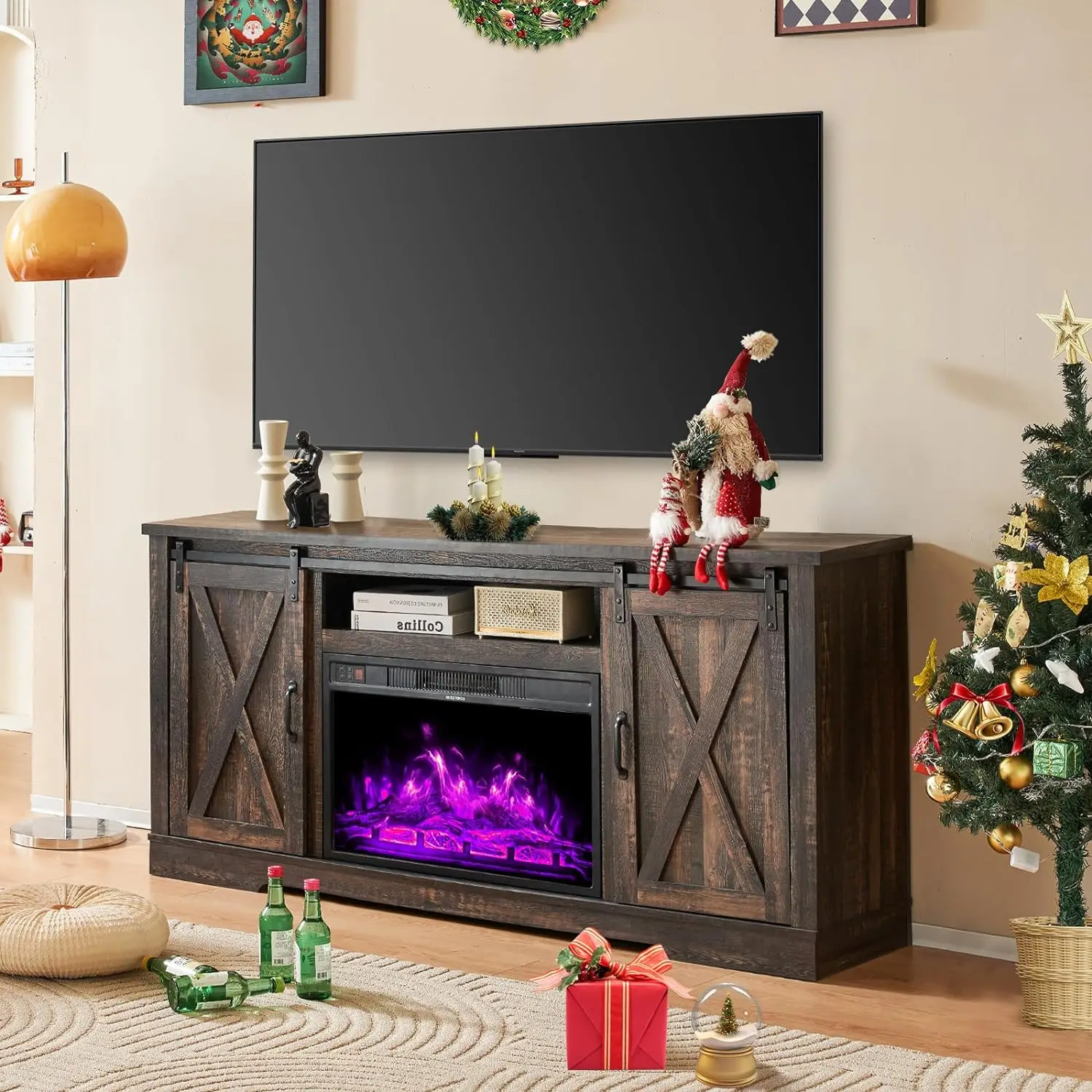 

Fireplace TV Stand Sliding Barn Door, Entertainment Center with Electric Fireplace Insert, Storage Cabinets, Adjustable Shelves