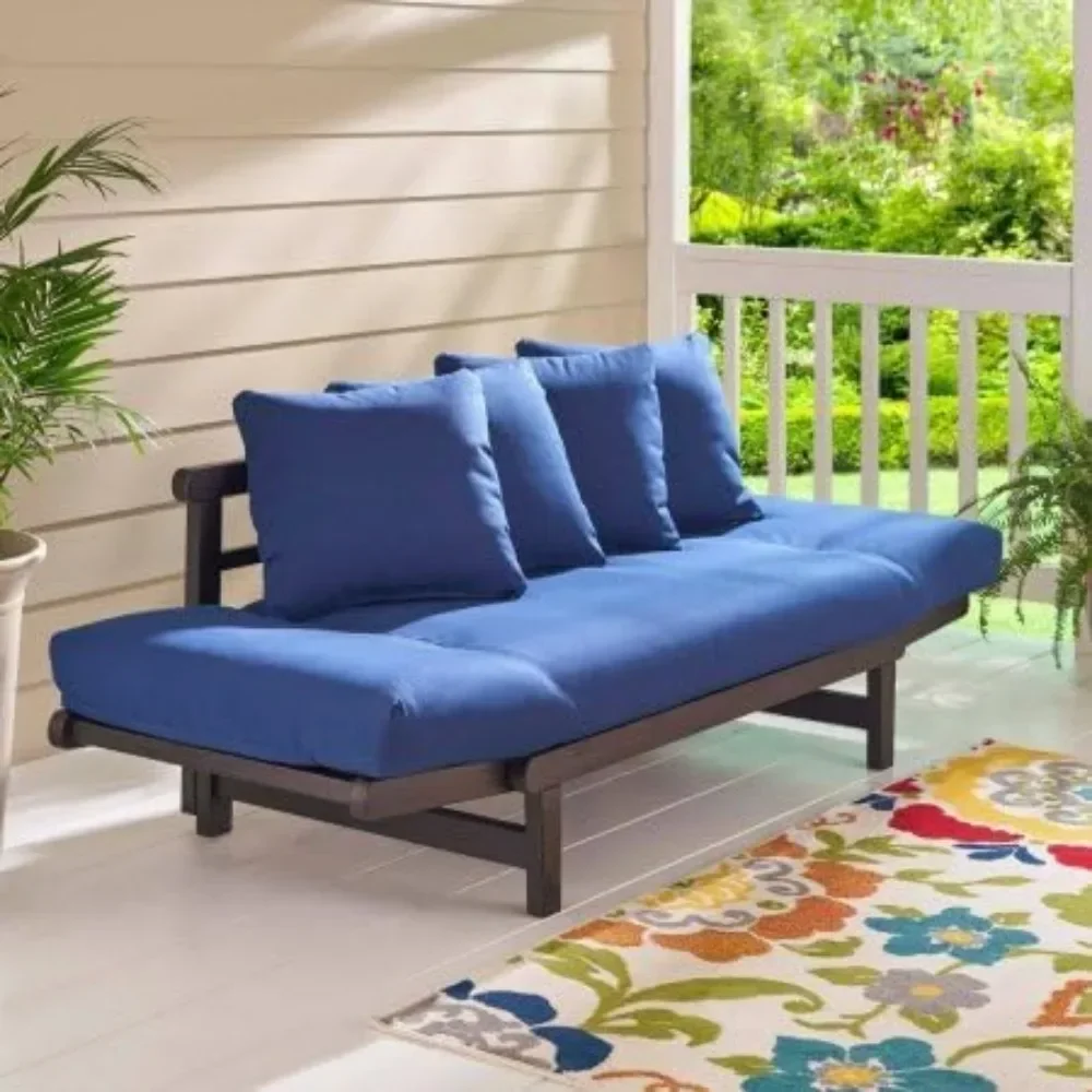 Outdoor Convertible Sofa Daybed Futon Deep Seating Adjustable Wood Patio Furniture with Blue Cushions Garden Sofas