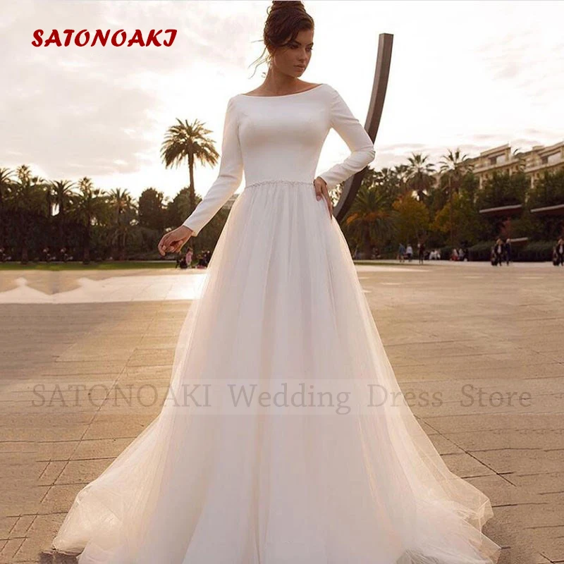

Vestidos De Novia Elegant Simple Scoop Neck Satin Wedding Dresses with Belt A-Line Backless Bride Gown Robe Mariée Custom Made