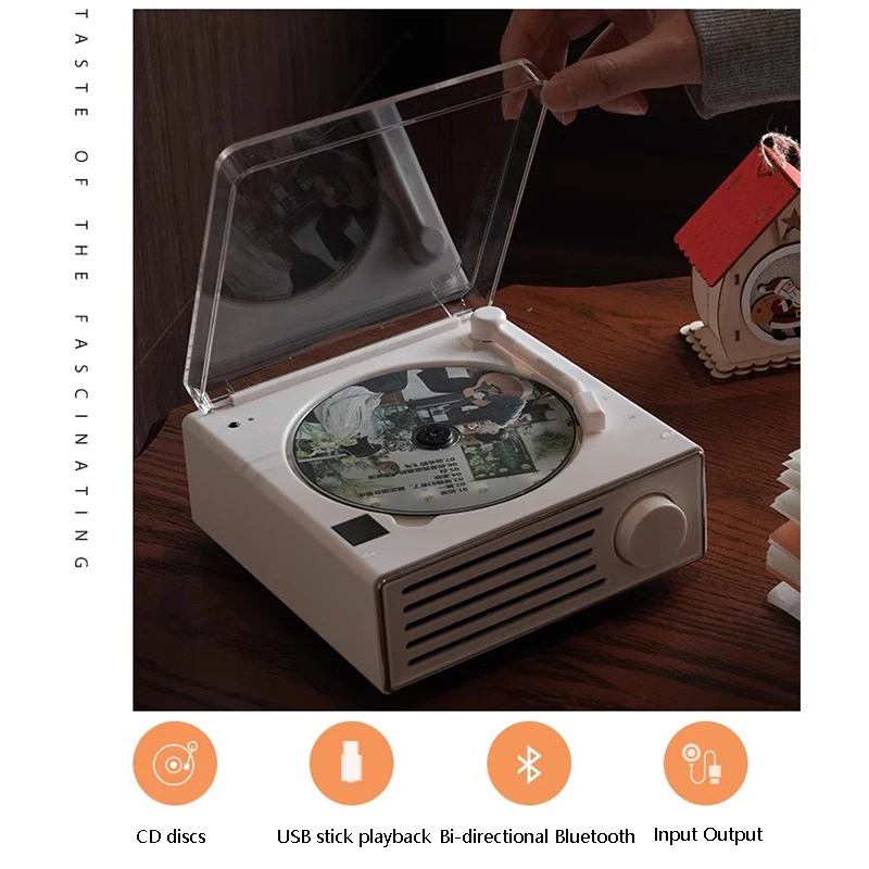 양방향 블루투스 내장 스피커, 레트로 HIFI CD 플레이어, ASP 충격 방지 적외선 리모컨, 디지털 광학