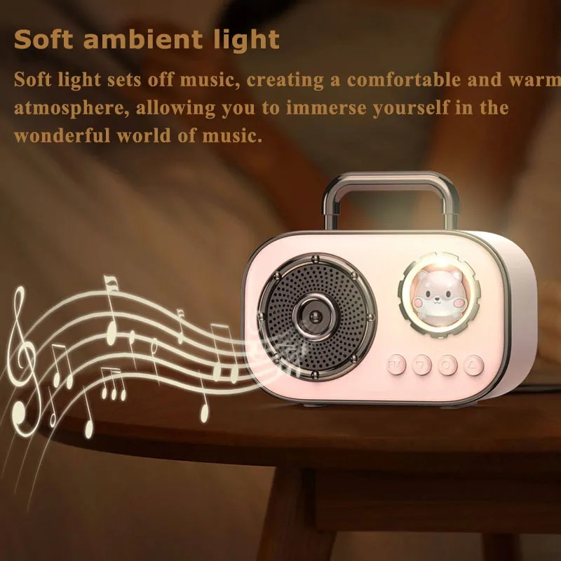 Mini Portable Bluetooth Speaker Hifi Retro Bluetooth5.3 Sound Box Subwoofer with FM Radio Ambient Light Support TF Card USB AUX