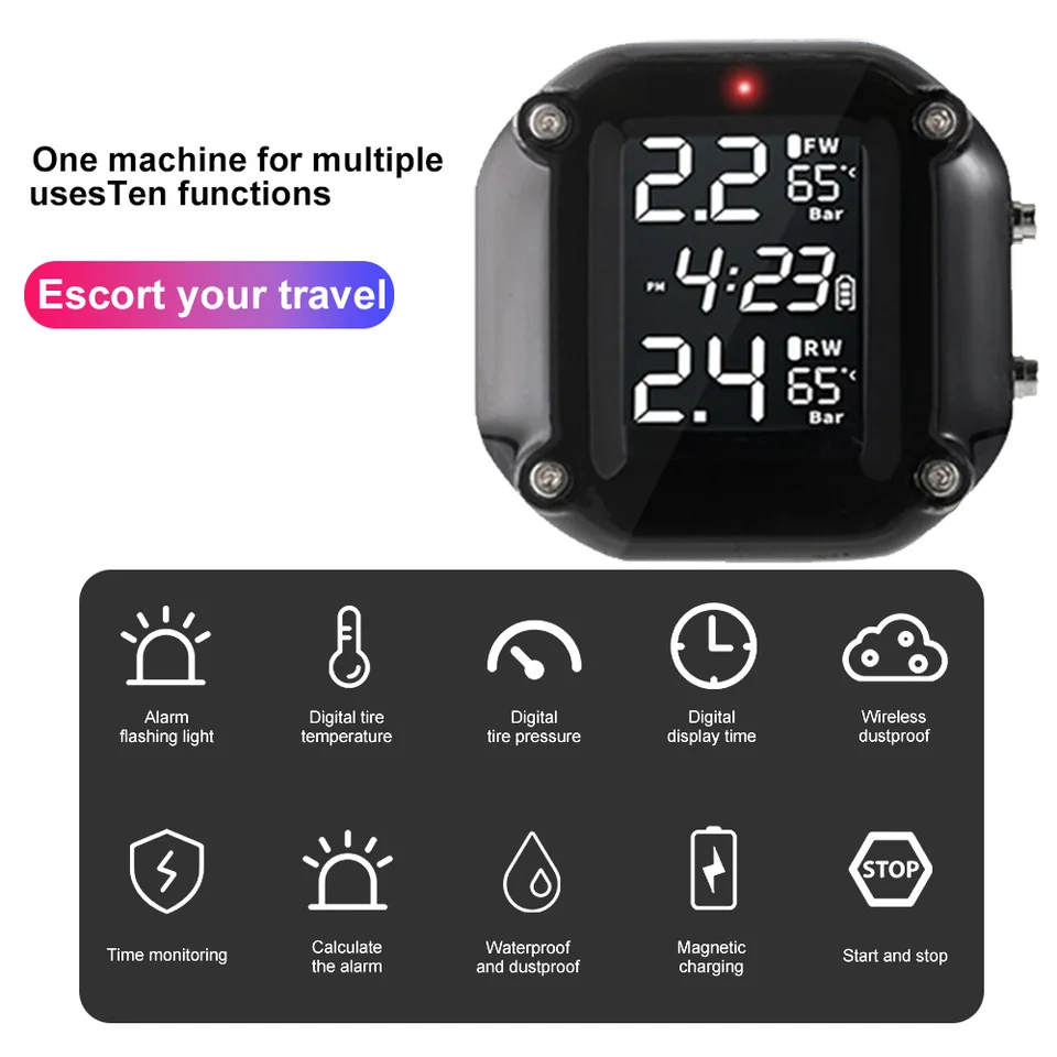 Monitor Pressione Pneumatici Per Moto Con Display LCD – Sensore Esterno, Impermeabile IP65, Allarme Temperatura, Per Scooter E Quad, 432,92 MHz