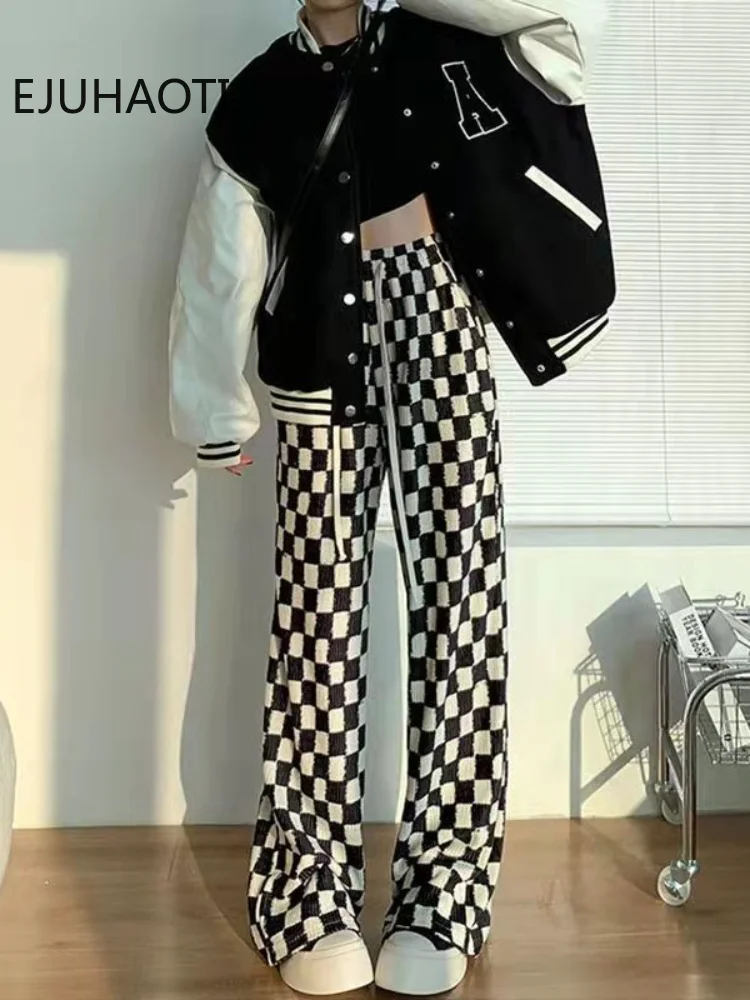 

Checked Pants Female Korean Fashion of Spring & Autumn Slim Casual Straight Loose Black White Plaid Saggy Wide-leg