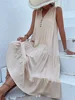Casual Summer Midi Dress Women Sleeveless Tank V Neck Buttons Ruffle Loose Dresses Beach Soild Sundress Fashion 1