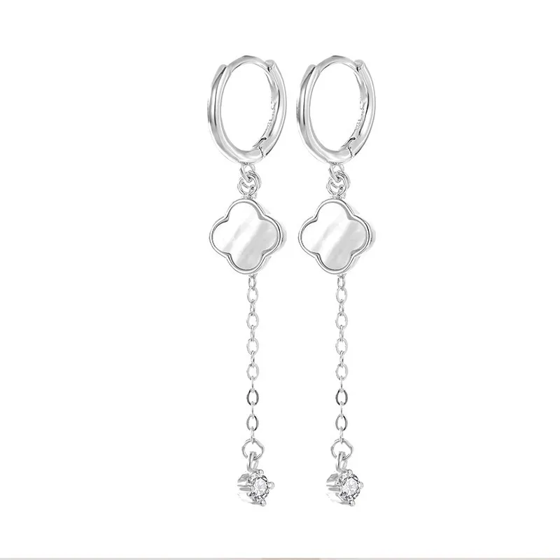 

Silver S925 Moissanite Clover Earrings 0.1ct White Seashell Long Drop Earrings Fine Jewelry Drop Shopping