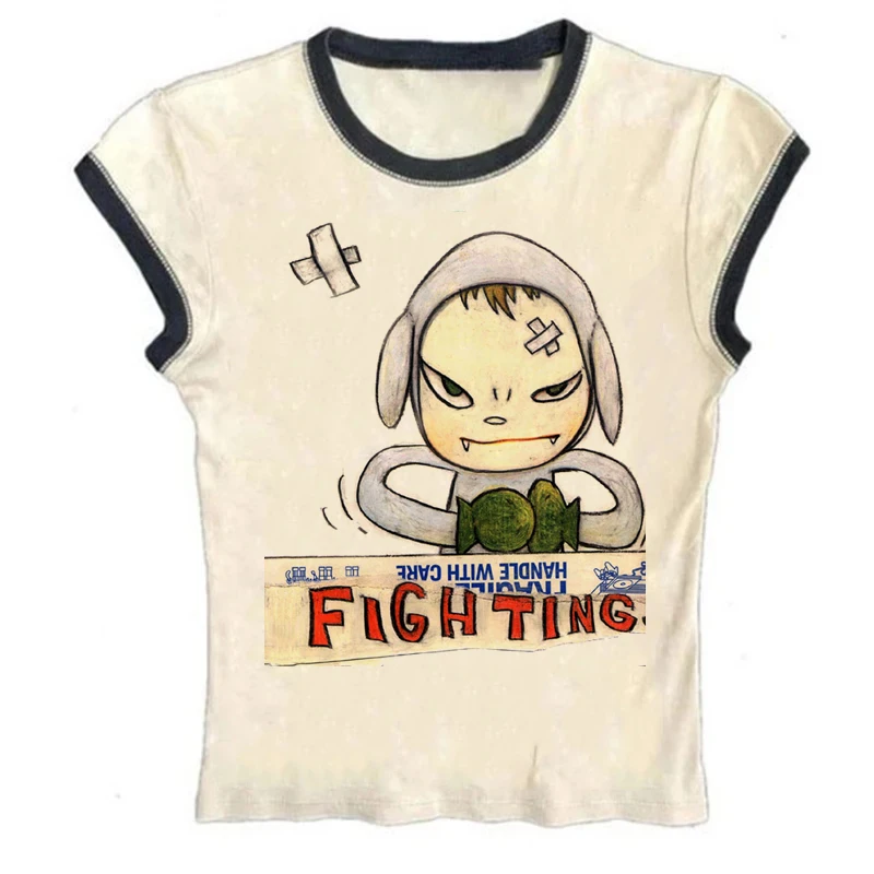 Harajuku Y2k Clothes Aesthetic Emo girl Slim Y2k Crop Top Gothic Punk Baby Tee Vintage Street Women anime Print Grunge T-shirts 1