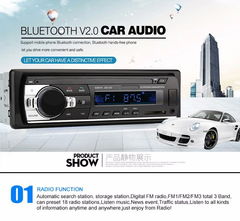 Autoradio 12V JSD-520 Car Radio Bluetooth 1 din Car Stereo Player AUX-IN  MP3 FM radio Remote Control for phone Car Audio – VXDAS Official Store