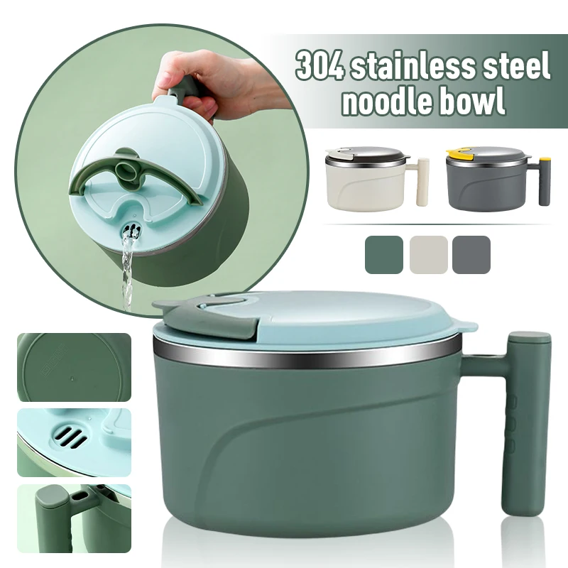 

Solid Stainless Steel Ramen Bowl with Lid Instant Noodle Bowl with Handle Soup Kawaii Cereal Anti-Scald