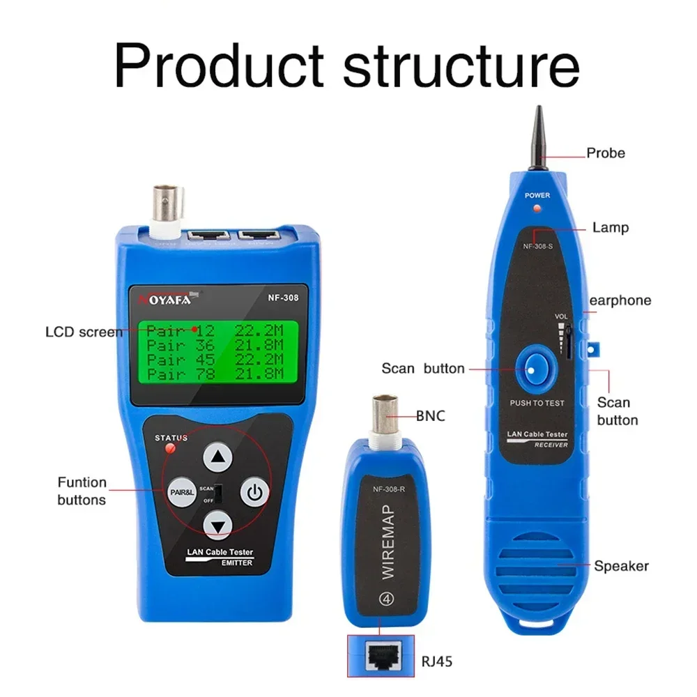 NOYAFA NF-308 Network Cable Tester LAN Measure Length Cables Continuity Test Wire Tracker BNC RJ45 RJ11 Ethernet Cable Tracker