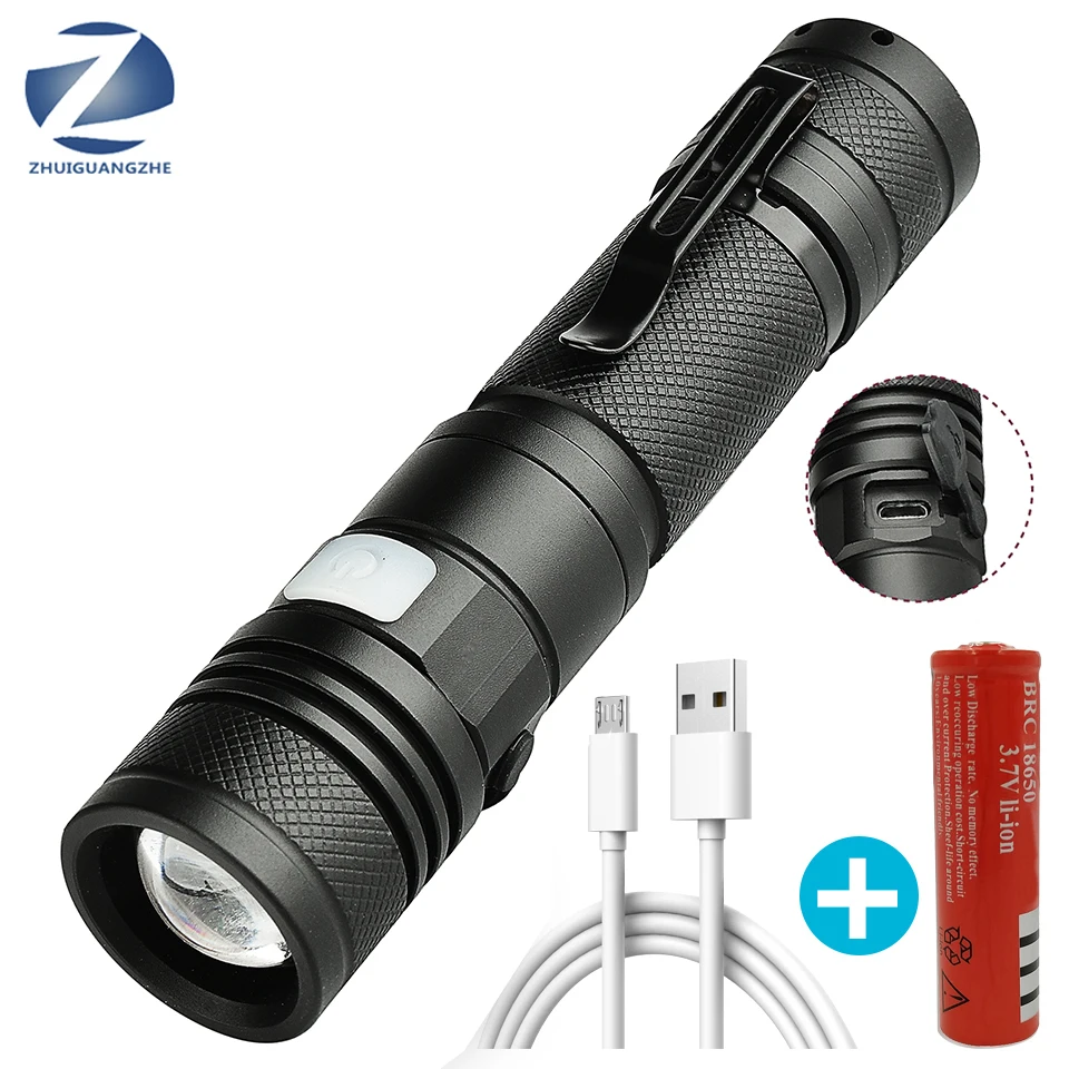 

XM-L2 U3 Led Flashlight USB Rechargeable Torch Adjustable Zoomable Focus 3 Switch Modes Waterproof Buillt in 18650 Battery