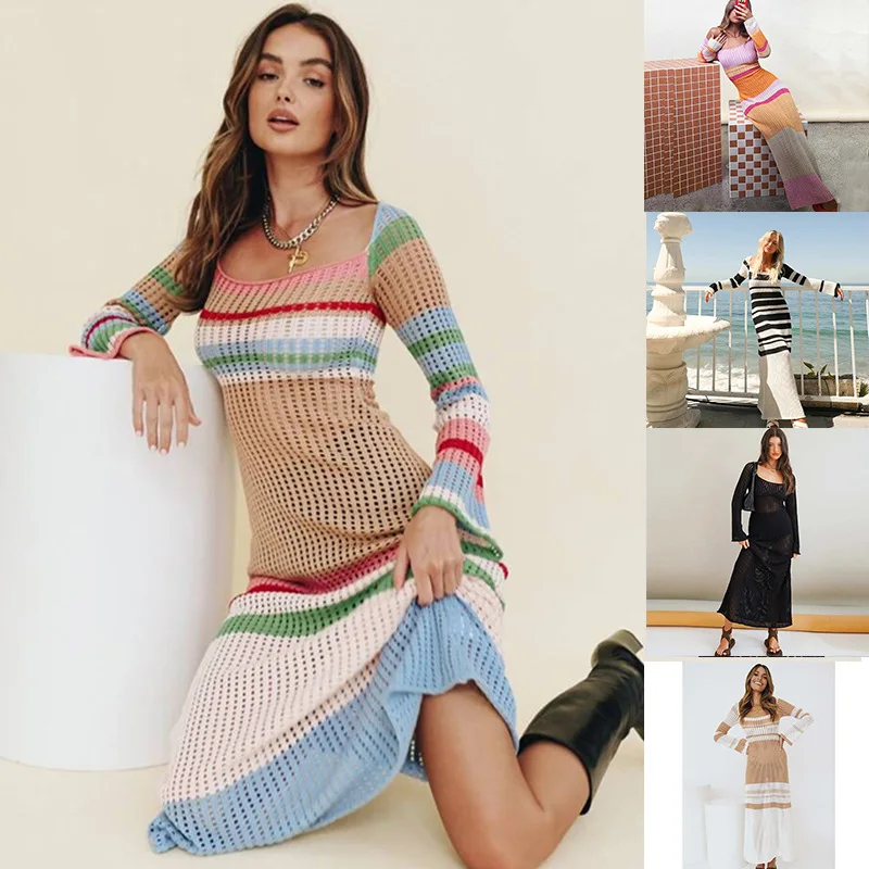 

2023 Striped Contrast Sexy Knitted Openwork Dress Autumn and Winter New Beach Leisure Holiday Dress Women