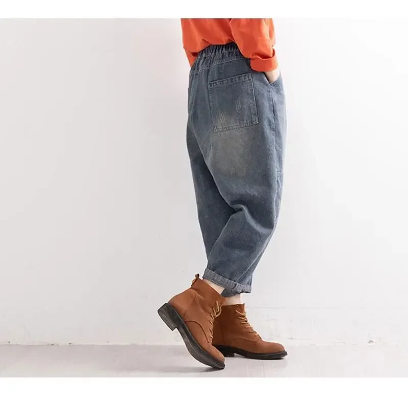 

Джинсы-Багги женские с завышенной талией, винтажные брюки-султанки из денима, уличная одежда, Повседневные Классические Стильные брюки оверсайз до щиколотки, W37