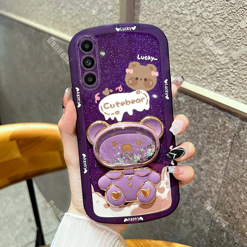 

Bear Makeup Mirror Silicone Holder Phone Case For Samsung Galaxy A14 A13 A10 A12 A21S A32 A34 A23 A33 A51 A20S A24 A50 A22 Cover
