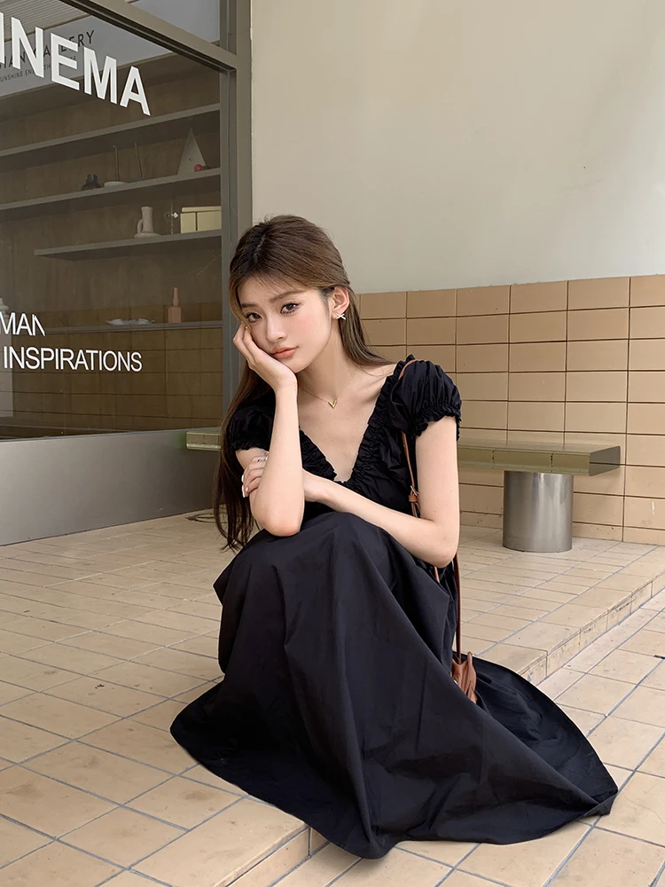 Casual Solid Midi Dresses for Women Korean Chic V-neck Backless High Waist Puff Sleeve A-line Party Dress Summer Vestidos Mujer