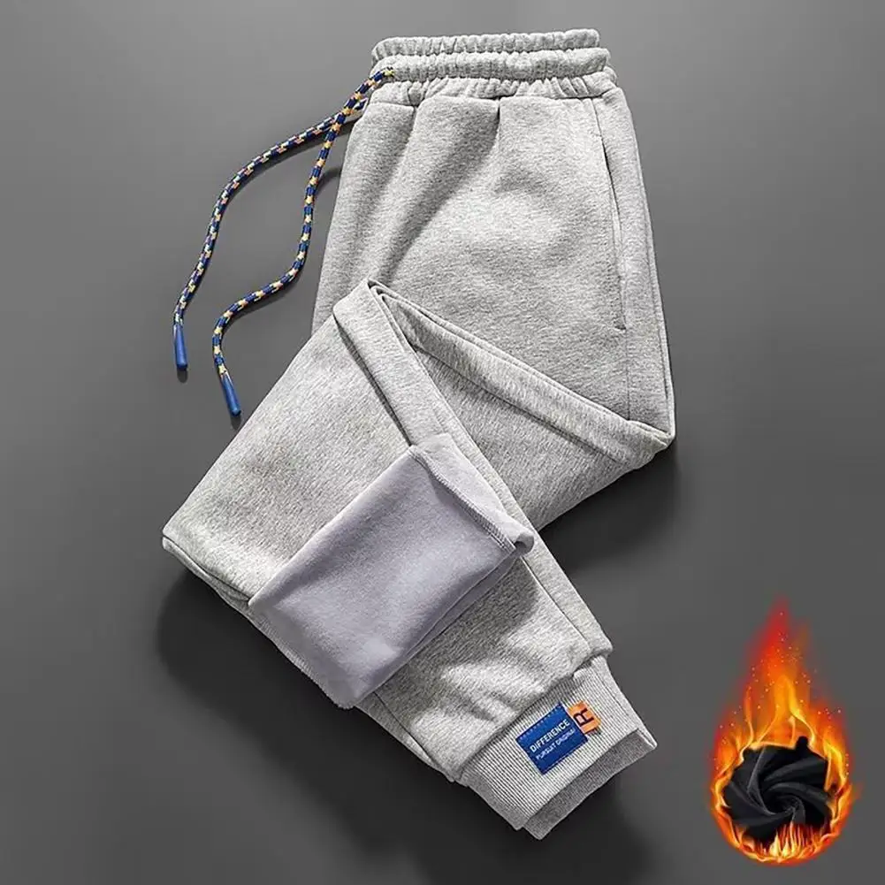 

Joggers Sweatpants Pockets Elastic Waist Loose Plush Lining Cold Proof Autumn Winter Ankle Tied Men Pants Trousers Streetwear