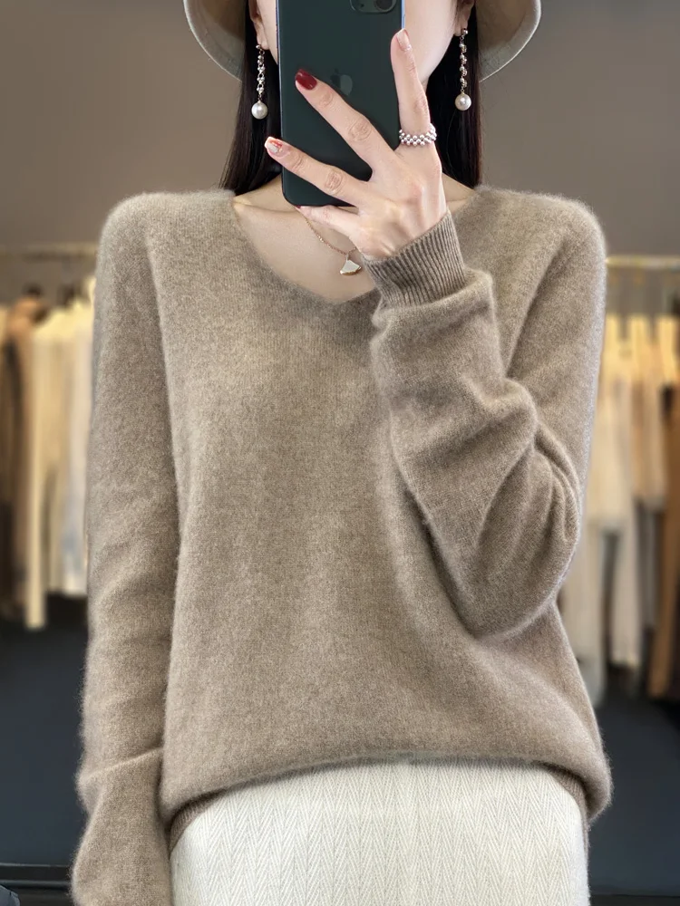 587540-9d0697.jpg Basics 2024 Autumn Winter Women Sweater 100% Merino Wool V-Neck Knitwear Solid Office Lady Pullover Long Sleeve Cashmere Clothes - Image 1