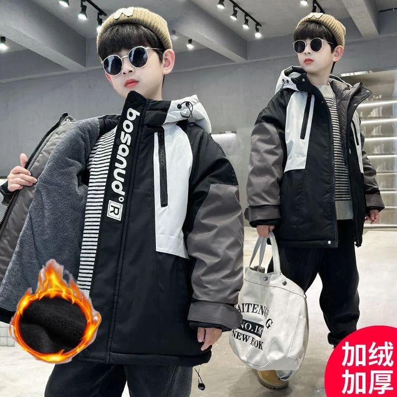 Plus Velvet Thicken Overcoat Boys Fleece Jackets new Kids Windproof Hooded Cotton Clothing Winter Warm Teens Trench Coat