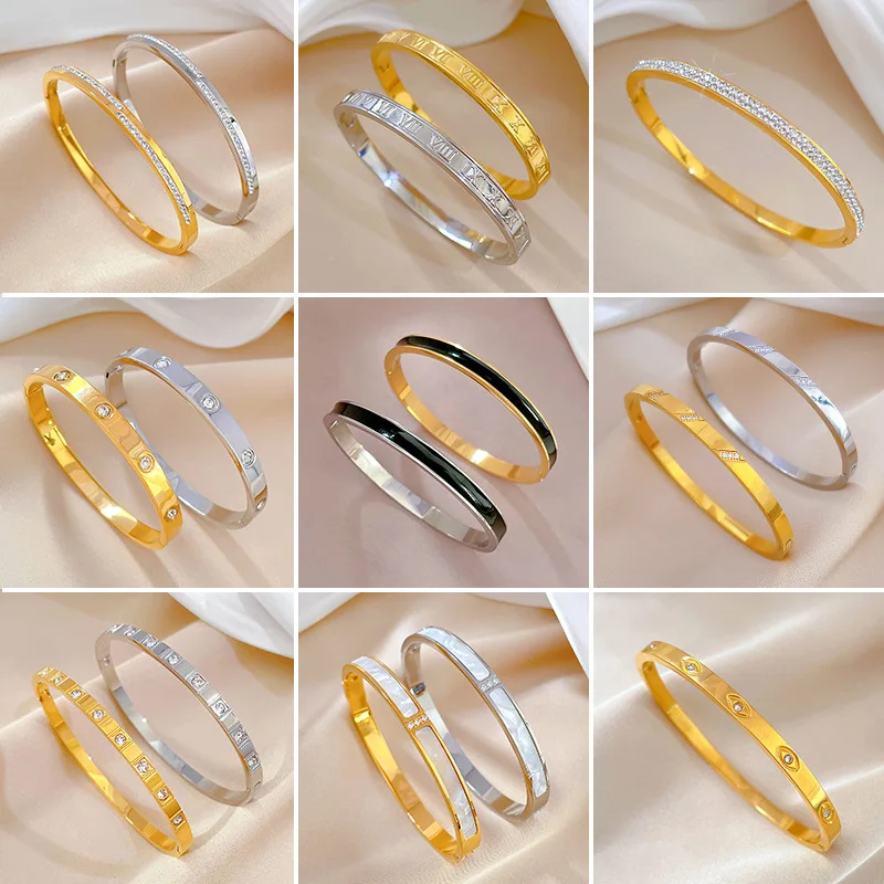 

Fashion Gold Color Electroplated Zircon Metal Bracelet Titanium Steel Hand Jewelry For Women Accessories Gifts