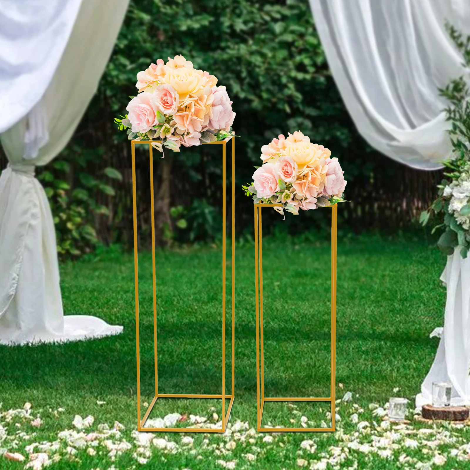 Set of 2 Gold Flower Stand for Wedding Metal Column Vases Stand Rectangular Flower Display Rack for Wedding Party Birthday Event