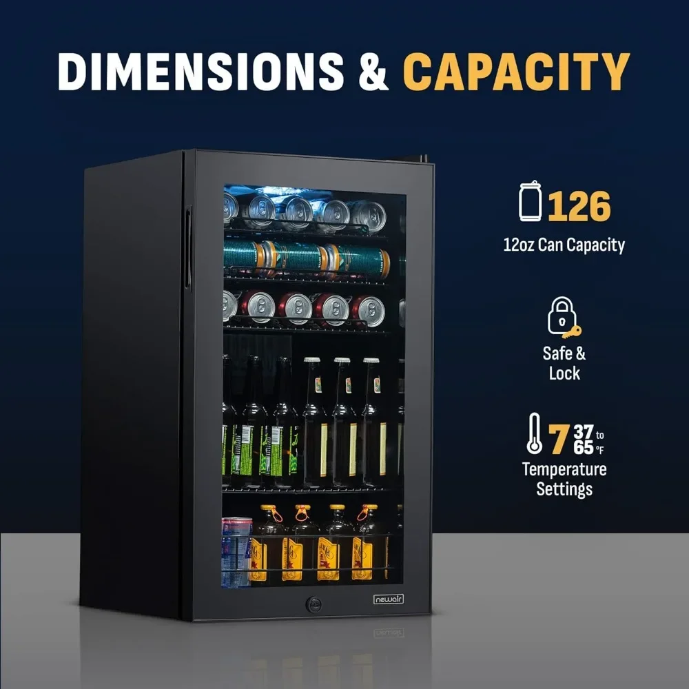 NEW-126 Can Beverage Refrigerator, Glass Door Mini Fridge Drink Cooler for Beer, Soda, Wine – Compact Freestanding Fridge for Ho