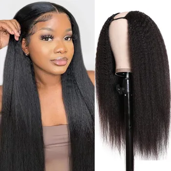Kinky Straight U V Part Wigs For Women 100% Remy Human Hair Wigs 180% Density Yaki Straight Machine Made Remy Hair Glueless Wigs