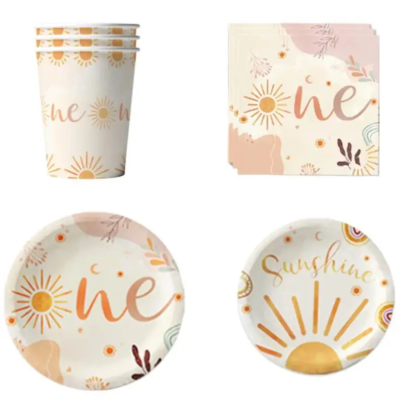 

Boho Sun Birthday Party Tableware Decoration Paper Plates Cup Napkin Banner Sunshine The Sun Baby Shower Party Decor Supplies