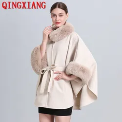 8 Colors Winter Women Faux Rabbit Fur Woolen Poncho Cloak Fashion Belt Out Streetwear Coat Oversize Batwing Sleeves Overcoat