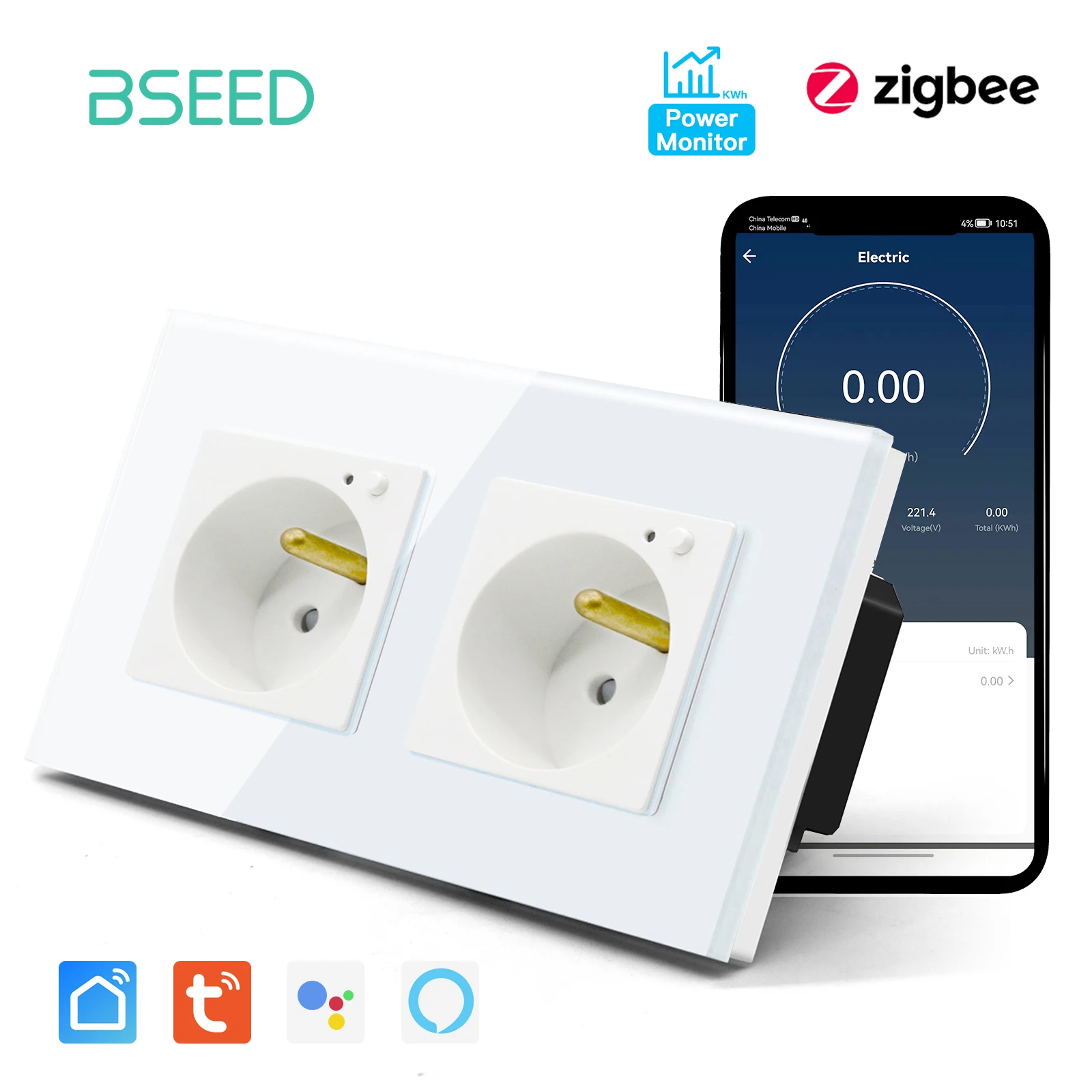 BSEED-toma de corriente inteligente ZigBee FR, enchufe doble, Triple pared, Monitor de potencia, compatible con Google Home, Smart Life, Alexa