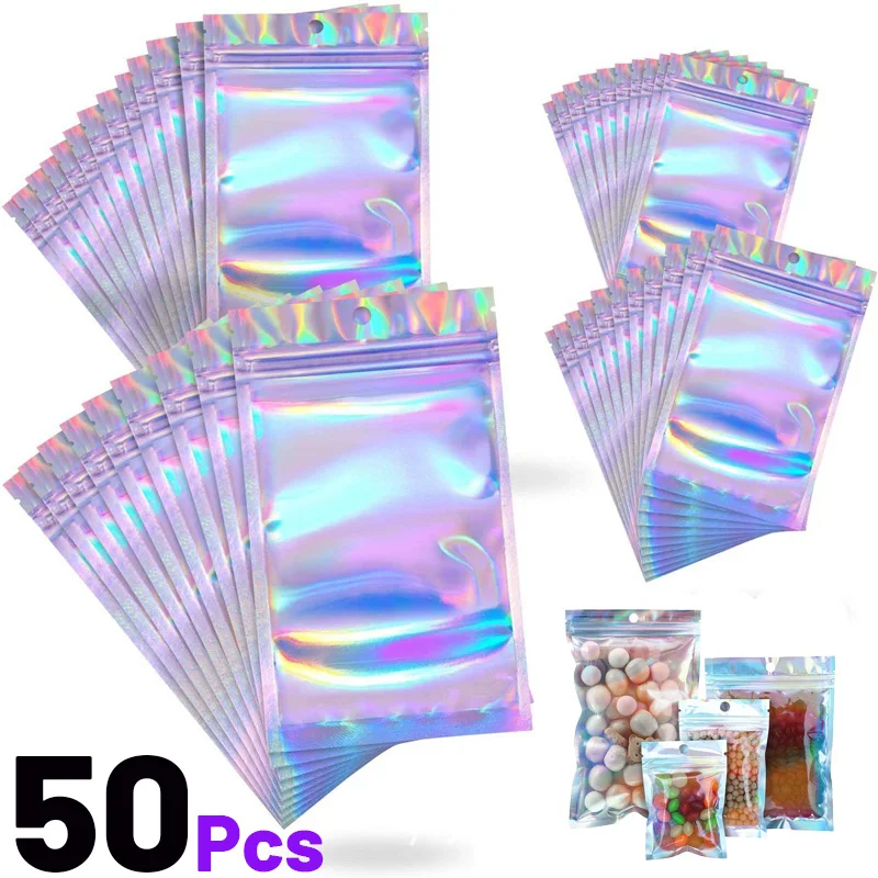 50Pcs SelfSealing Laser Small Plastic Bags for Jewelry Pouch with