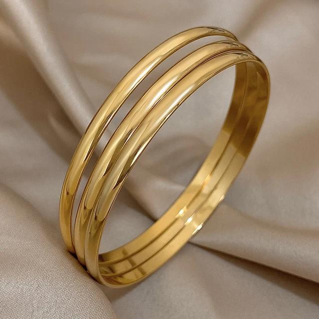3pcs Glossy 18K Gold Plated Stainless Steel Bangle Bracelet for Women Minimalist Basic Wristband Bangles Waterproof Jewelry 3