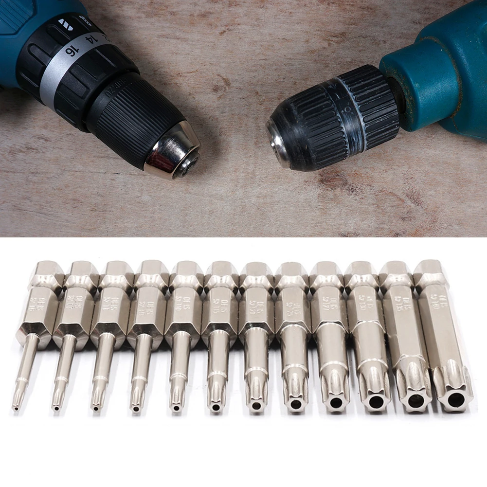 12pcs Screw Head Set Hard Electroplating 50mm Pneumatic Driver Head Six Stars with Holes Hexagonal Screw Tip Tamper Proof T5-T40