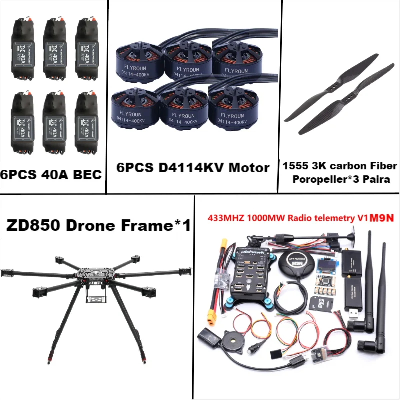 ZD850 Full Carbon Fiber 850mm Hexa-Rotor Frame BLHELI 40A ESC Pixhawk 6C PRO 2.4