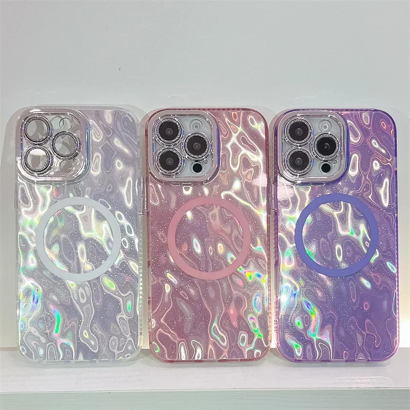 Laser Fold Tinfoil Magnetic Phone Case For iphone 16 Plus 15 14 13 Pro Max For Magsafe Shockproof Hard PC Glitter Back Cover_voghion.com