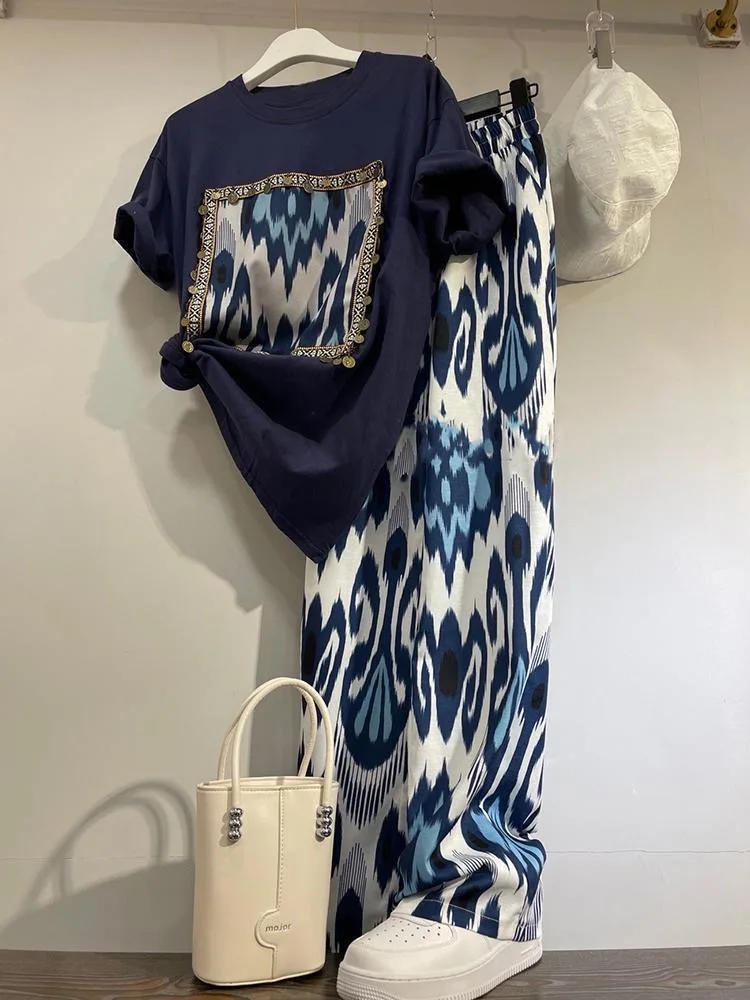 High Waist Wide Leg Pants Floral Print ort Sve T-irt Women's Summer Casual Loose Faionable Two-Piece Set Trendy