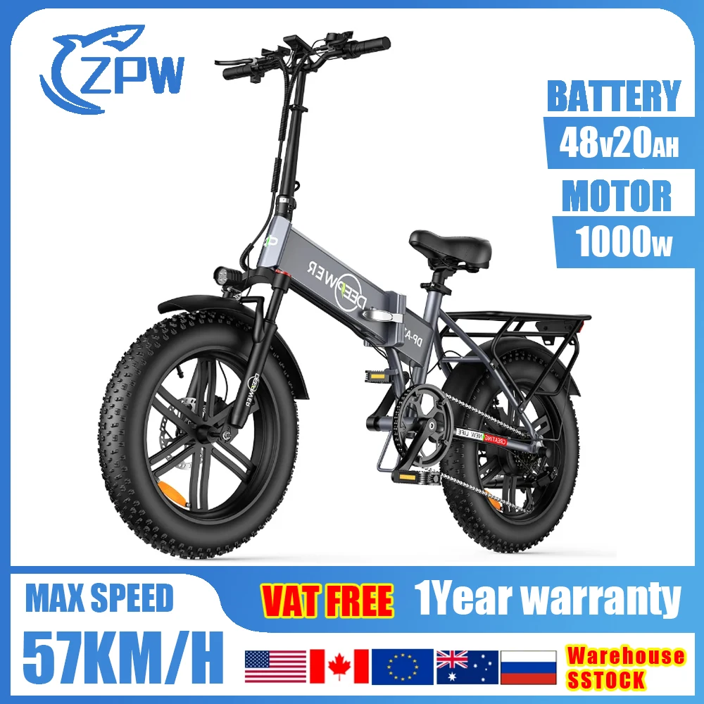 ZPW A1 Ebike 1000W 전기 성인용 자전거 자전거 48V20AH 접이식 전기 자전거 20 인치 팻 타이어 전기 자전거 E- 자전거