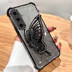 Lucky Butterfly Glitter Phone Holder Case - Galaxy A21s (Black)