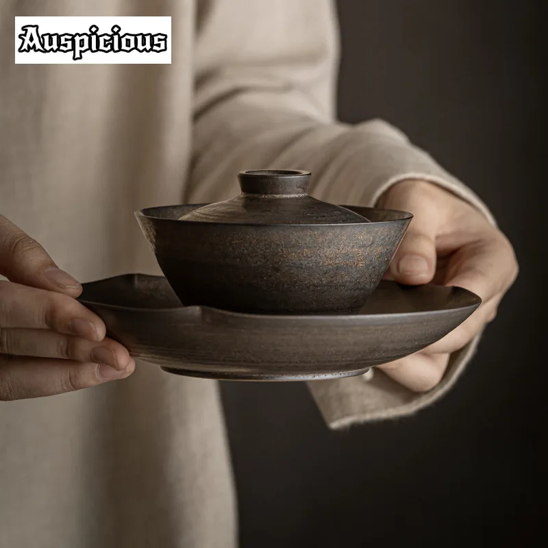 Handmade Iron Rust Glazed Gaiwan 140ml Japanese Coarse Pottery Tea Tureen Tea Maker Cover Bowl Chinese Set Accessories Craft