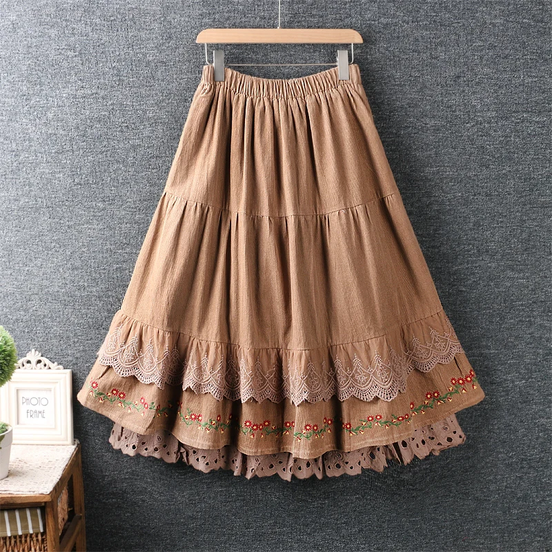 

2023 New Autumn Winter Women Thick Skirt Japan Style Mori Girl Elastic Waist Lace Vintage Corduroy Skirts