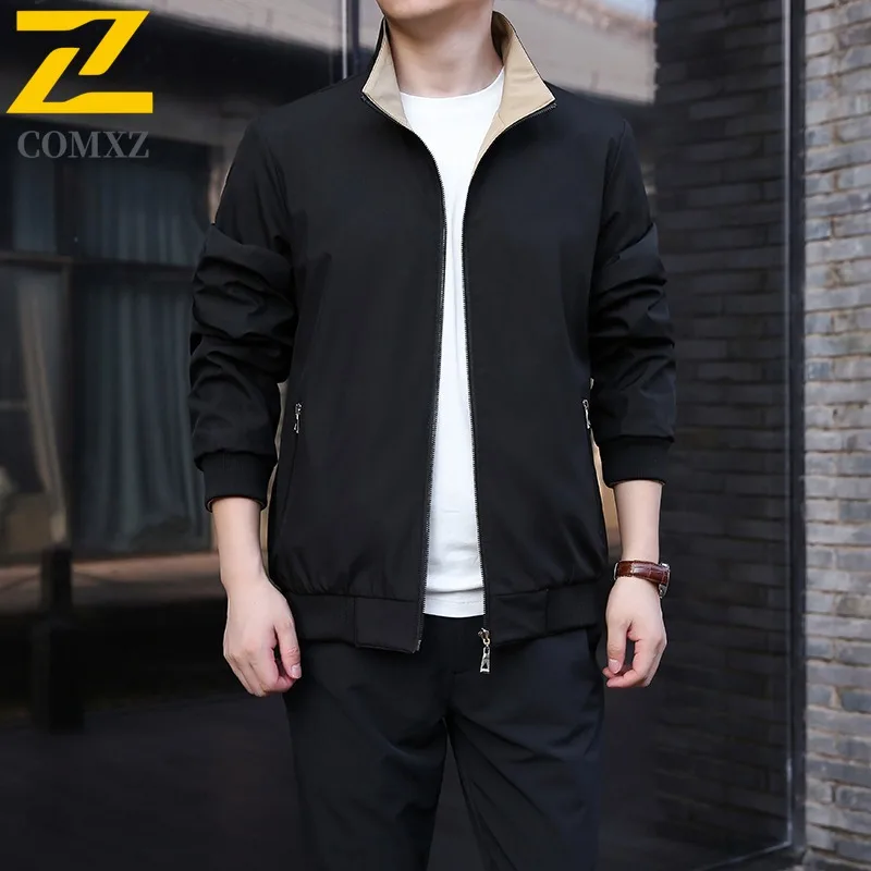 COMXZ 2025 New Spring Autumn Men Reversible Coat Mid Age Lapel Jacket Loose Fit Big Size Top Waterproof Windproof windbreaker