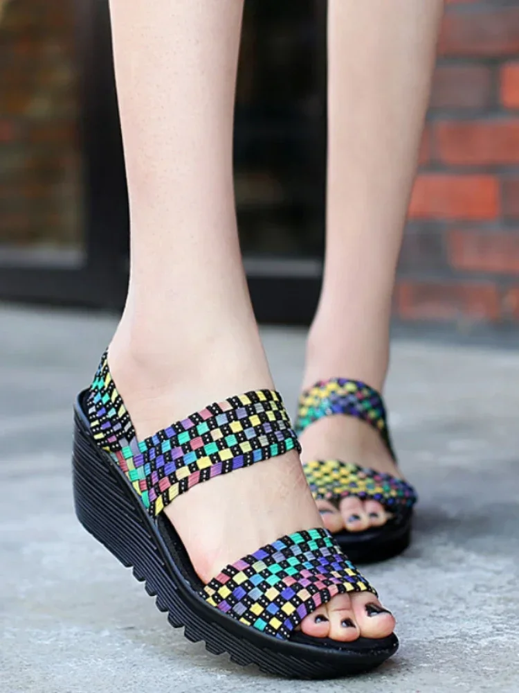 Peep Toe Woven Slip On Shoes Womens Wedge Platform Weave Sandals