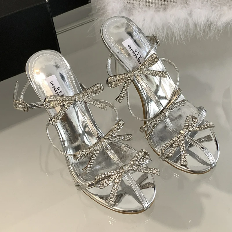 

ZOOKERLIN Pointed Rhinestone Bow Strap Women's Sandals Solid Color Silver Stiletto High Heels Summer Fashion Elegant Dress Shoes